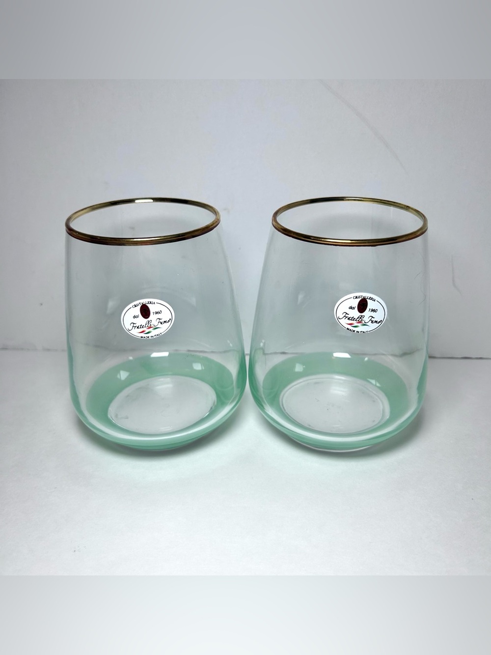 Cristalleria Fratelli Fume Italian Stemless Wine glasses with Gold Rim